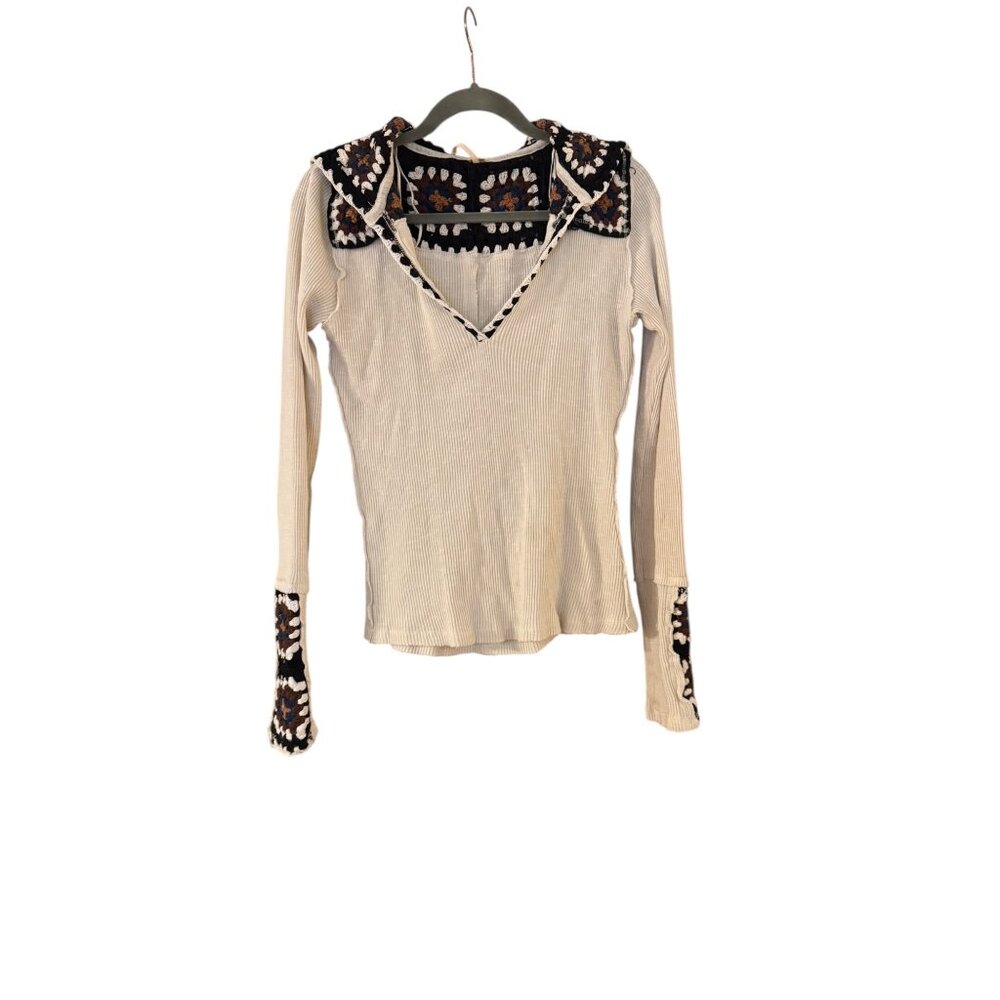 Free People Bohemian Cream Long-Sleeve Top Thermal Crochet Hood & Cuffs Size M G - Picture 1 of 8